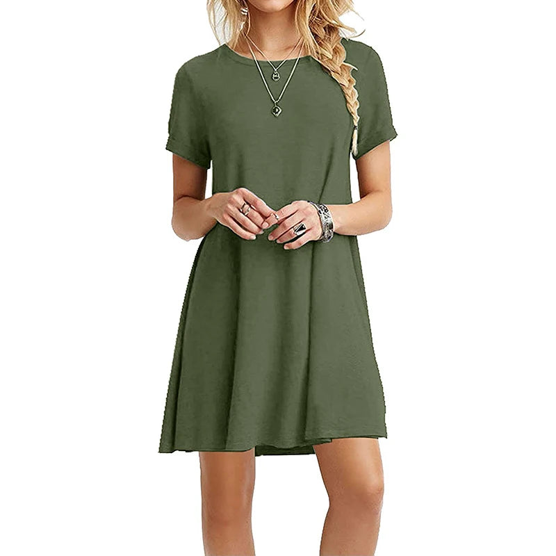 Women Casual Short Sleeve T Shirt Dress Vintage O Neck Print Loose Mini Dress Elegant Simple Mini Dress Streetwear Sundress - Matrix-studios.com