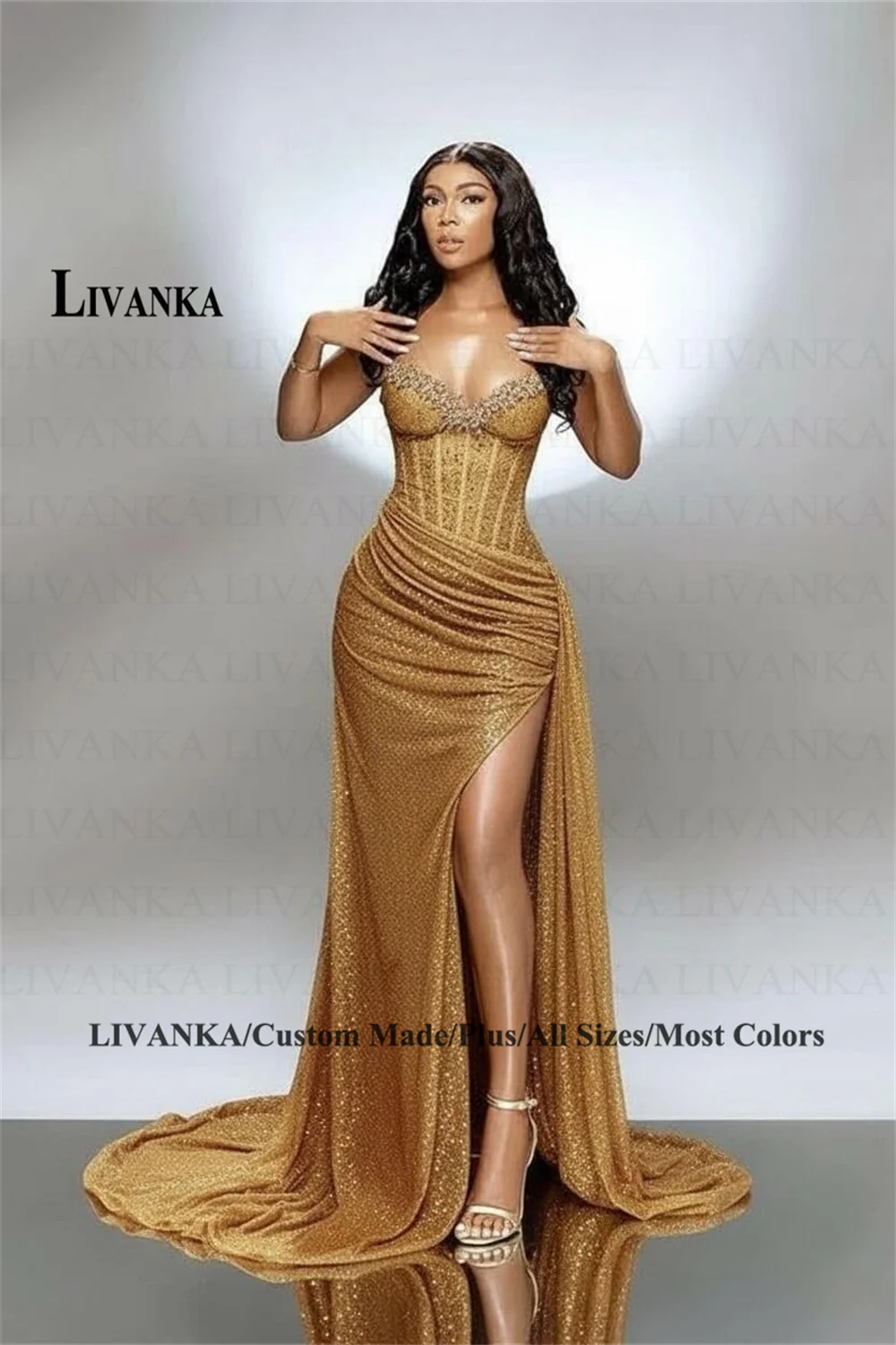 LIVANKA Sweetheart Neck Mermaid Evening Dresses Side High Split Floor-Length Prom Dresses Beading Customized Vestidos De Fiesta - Matrix Studios