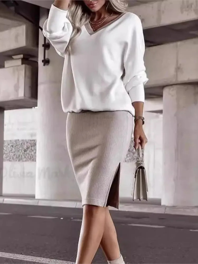 Autumn Winter Casual Loose V-neck Sweatshirt Suit Women's Tight Skirt Long-sleeved Top Two-piece Set New Fashion Holiday Sets - Matrix-studios.com