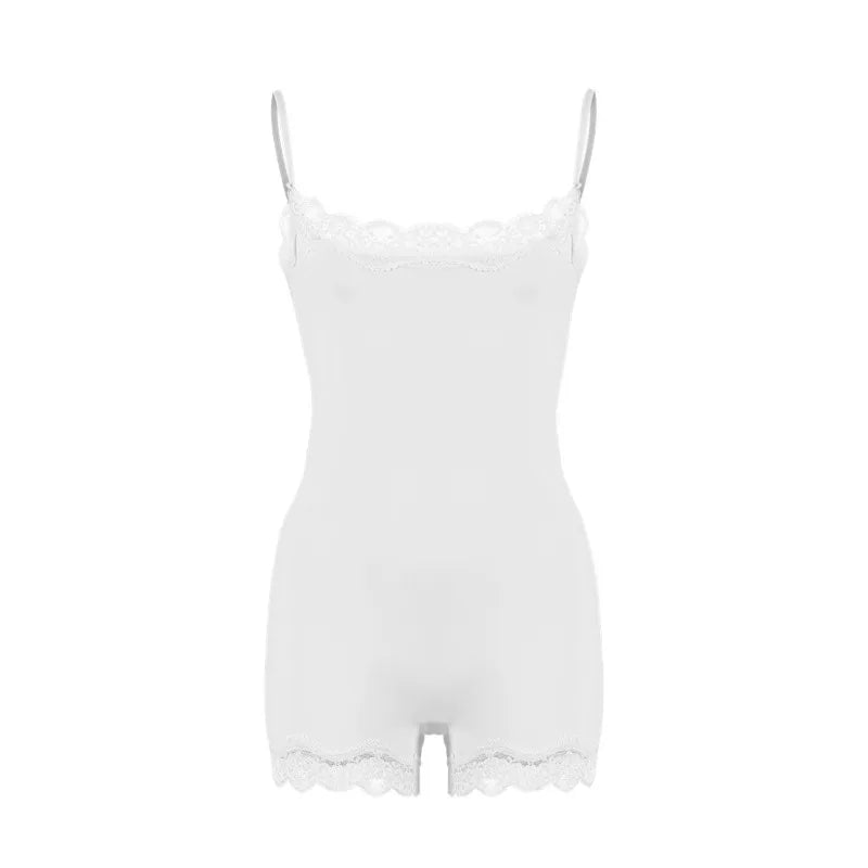 Lace Patchwork Cami Playsuit Women Sexy Backless Sleeveless Romper Solid Color Y2K Streetwear Casual Loungewear Outfit - Matrix Studios