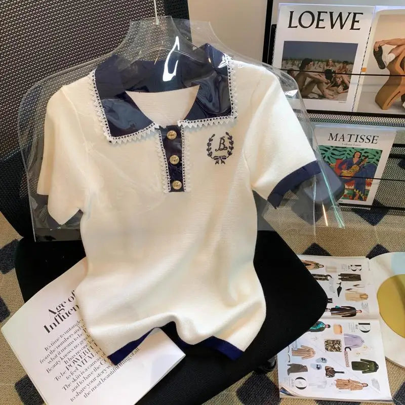 Korean Fashion T-shirt Women's Clothes 2024 Summer Polo Collar Luxury Designer Loose Short Sleeve Cotton T-shirt Women's Top - Matrix-studios.com