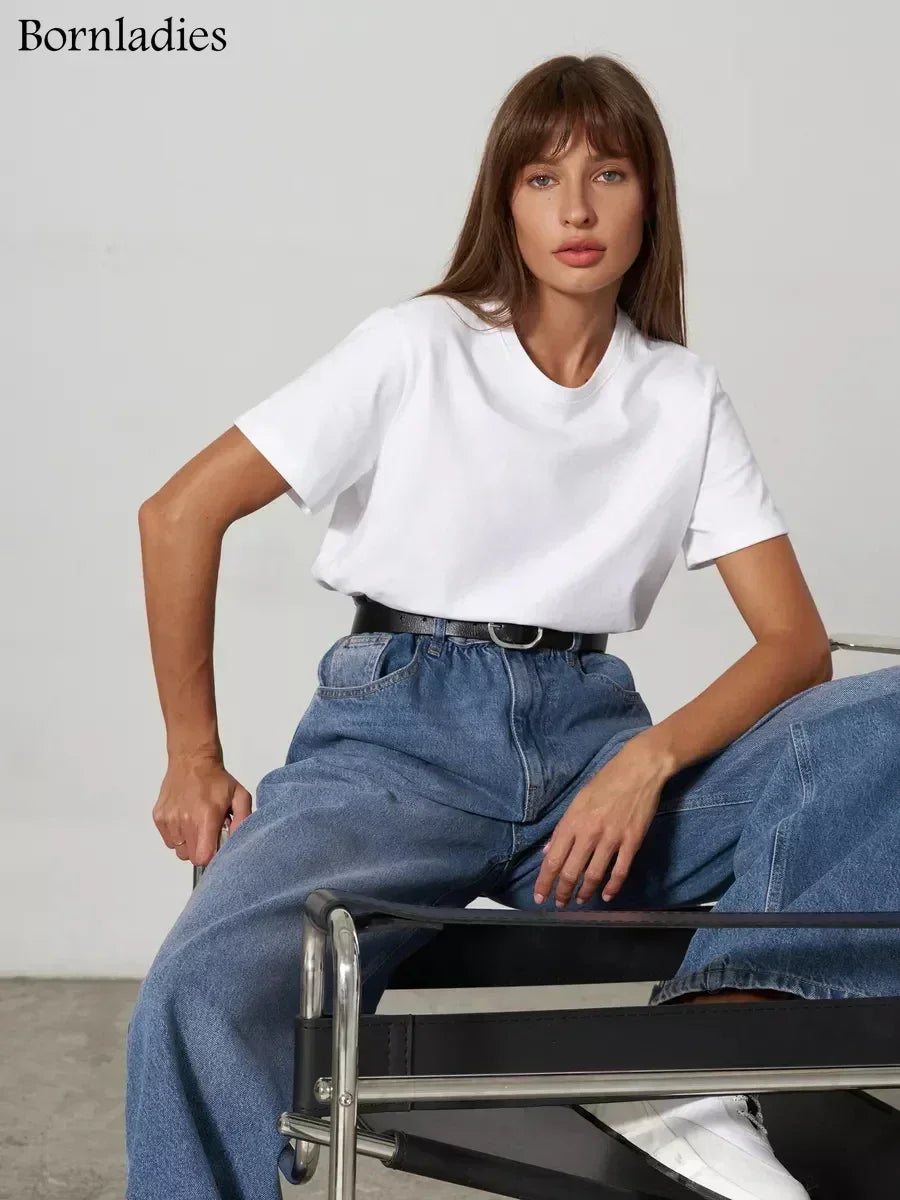 Bornladies Summer 100% Cotton Women's T-shirt Bottoming Basic Fashionable Solid Lady Short Sleeve Loose Tops Shirts 230g/㎡ Tops - Matrix-studios.com