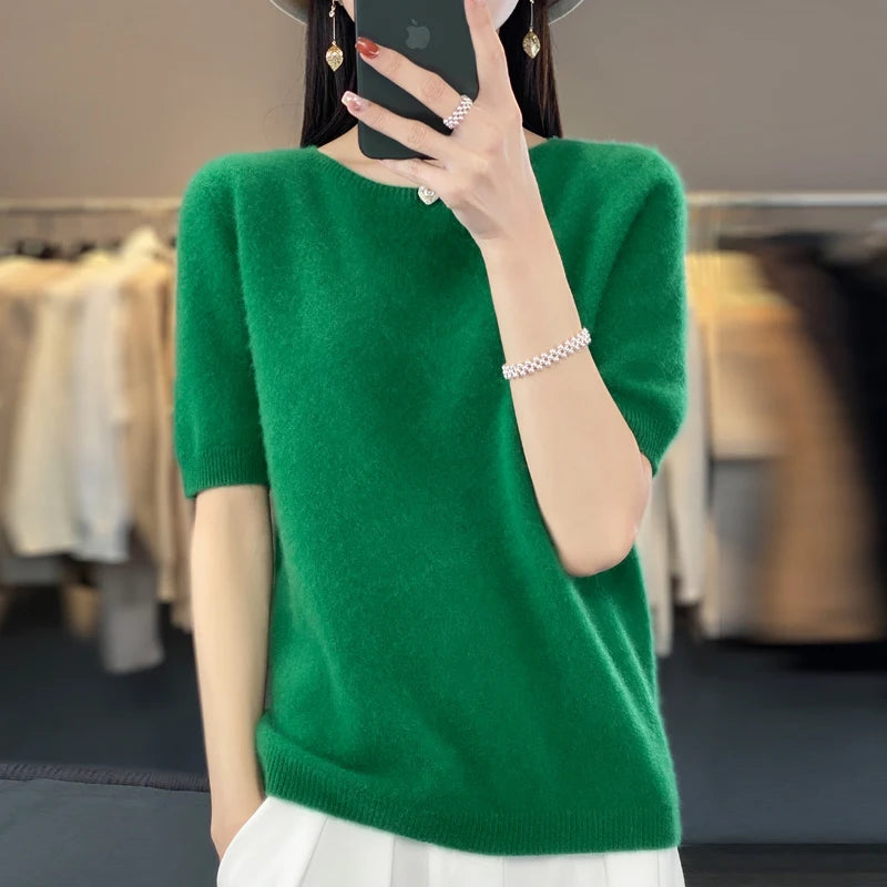 100% Merino Wool Women's O Neck Knitted T-Shirt Korean Pullover Short Sleeve Sweater Women's Basic Solid Color Half Sleeve Women - Matrix Studios