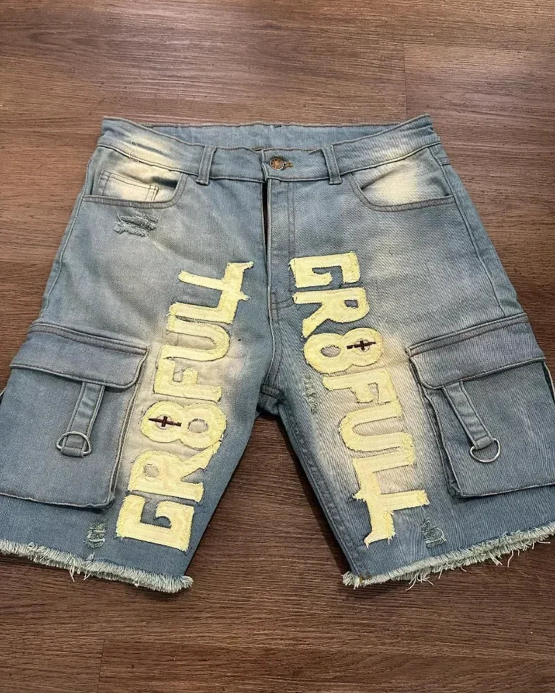 American New Retro Letter Embroidery Tooling Denim Shorts Trend Gothic Y2K Harajuku Hip-hop Loose Sports Shorts Street clothes