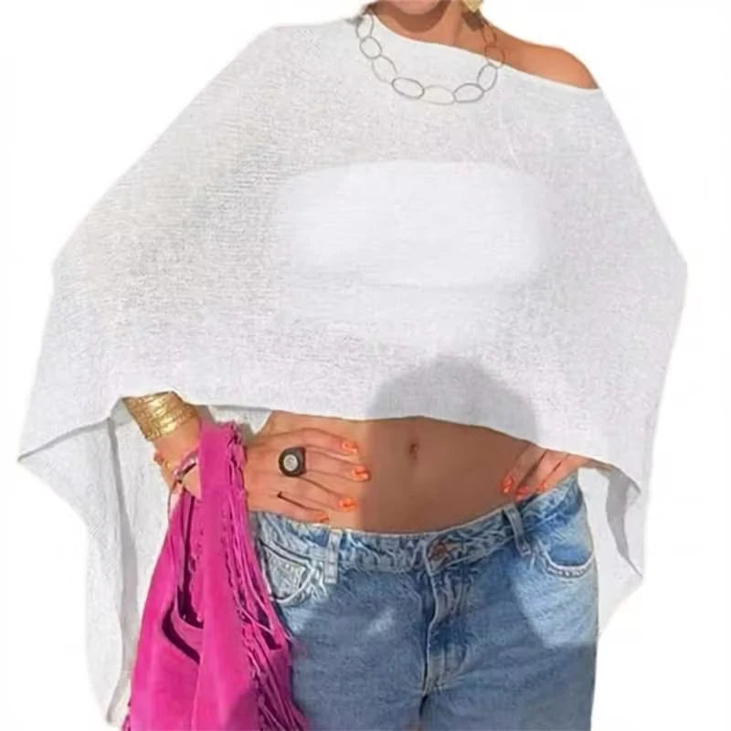 Combhasaki Women Knitwear Bikini Cover-up See-through Solid Off Shoulder Irregular Triangle Hem Loose Pullover Summer Beach Tops - Matrix Studios