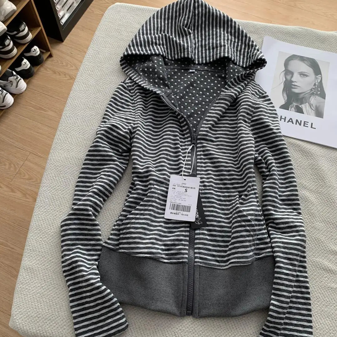 Korean Lazy Style Hooded Cardigan Fashion Vintage Gray White Striped Sweatshirts Spring Autumn Slim Fit Coat Women - Matrix Studios