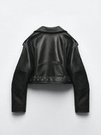 Ailegogo Spring Autumn Women Faux Pu Leather Short Jacket with Belt Motorcycle Biker Female Zipper Lapel Loose Coat Outwear - Matrix Studios