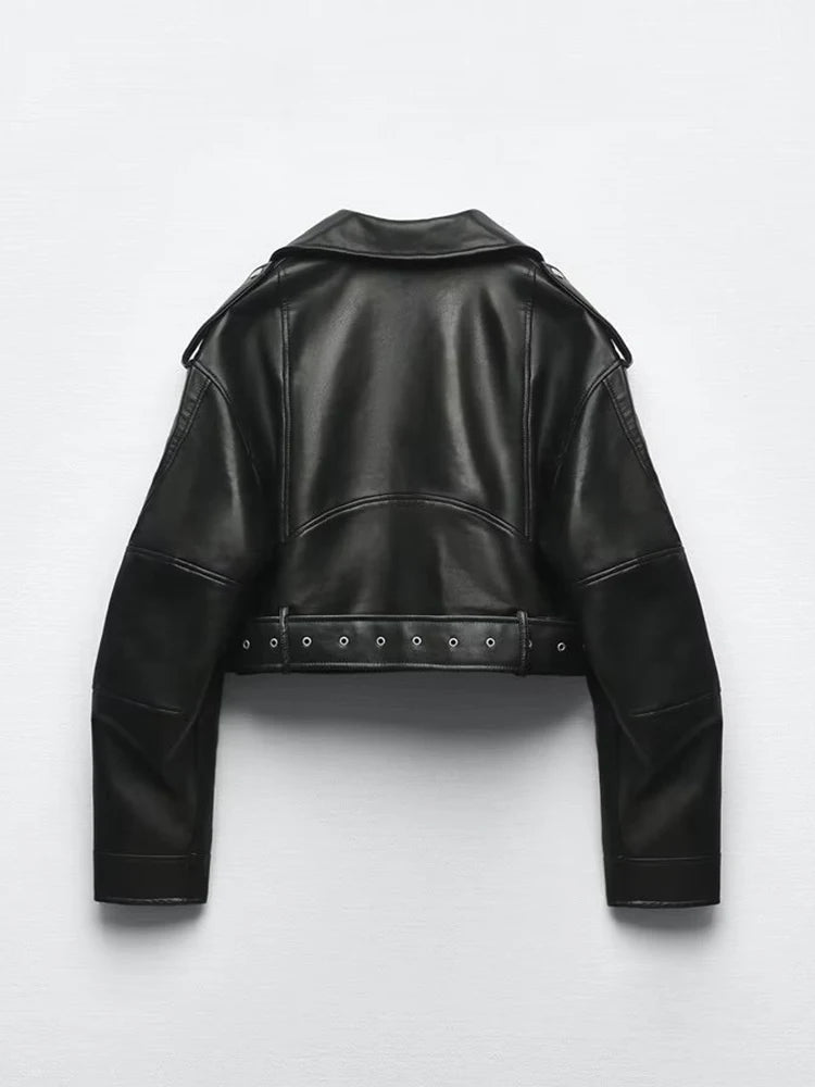 Ailegogo Spring Autumn Women Faux Pu Leather Short Jacket with Belt Motorcycle Biker Female Zipper Lapel Loose Coat Outwear - Matrix Studios