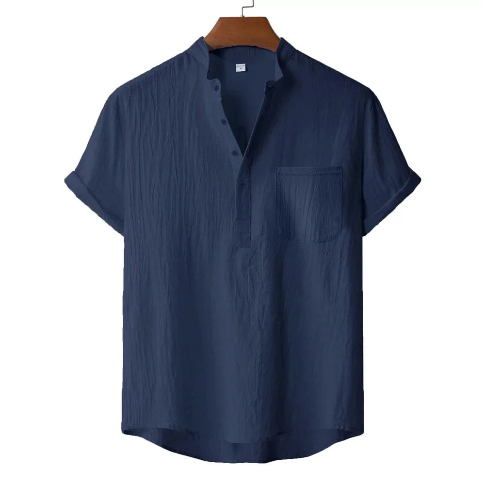 Men's Summer Cotton Linen T-shirt Beach Style Short SLeeve Henley Neck Vacation Hawaii Casual Lightweight Breathable Cozy Tops - Matrix Studios