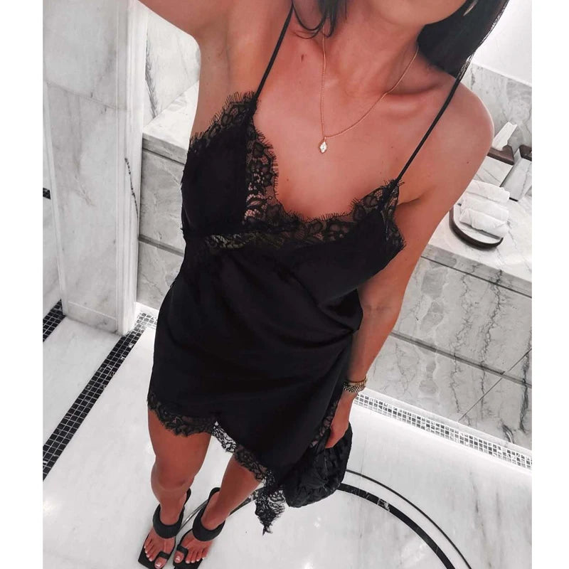 MUJER 2025 Lace Slip Dress Woman Black Backless Short Dresses for Women Asymmetric Party Women's Summer Dress Satin Sexy Dresses - Matrix-studios.com