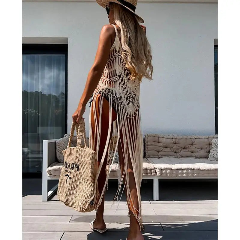 Beach Cover Ups for Swimwear Women Sexy Hand Hook Hollow Out Sunscreen Shirt with Long Tassel Beach Cover - Matrix Studios
