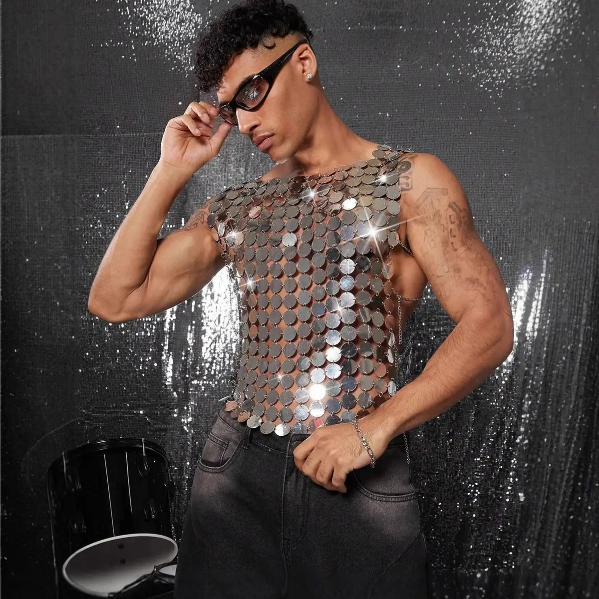 Nightclub Sparkling Sequined Vest Men'S Clothing Party Stage Performance Metallic Beaded Top  Silver Openwork Sexy Clothing - Matrix Studios