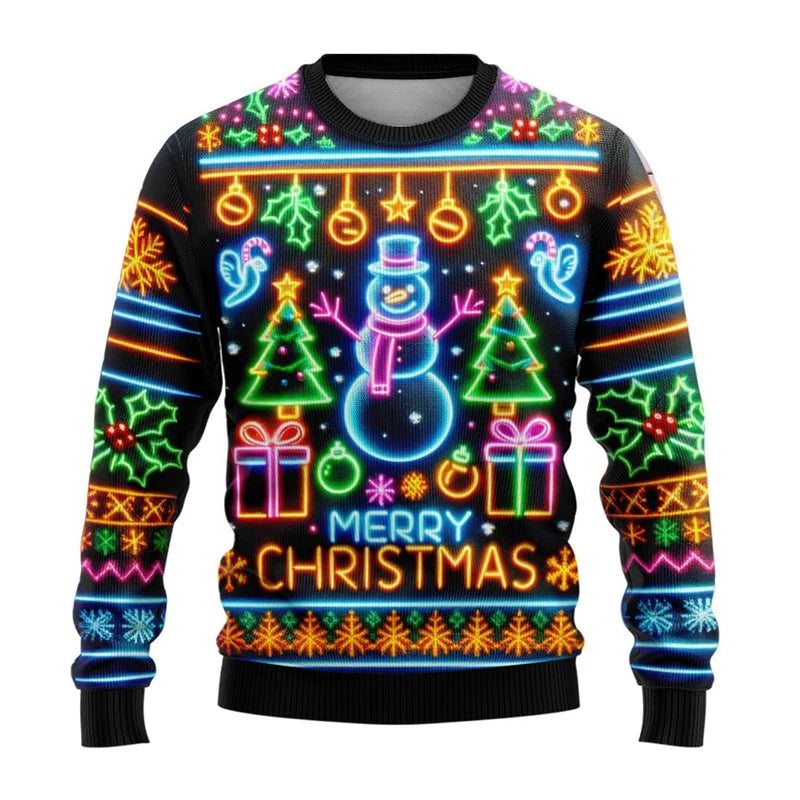 Neon Snowman Graphic Sweatshirts 2025 Merry Christmas 3D Printed Ugly Sweater For Women Clothing Snowflake Gifts Boy Tracksuit - Matrix Studios