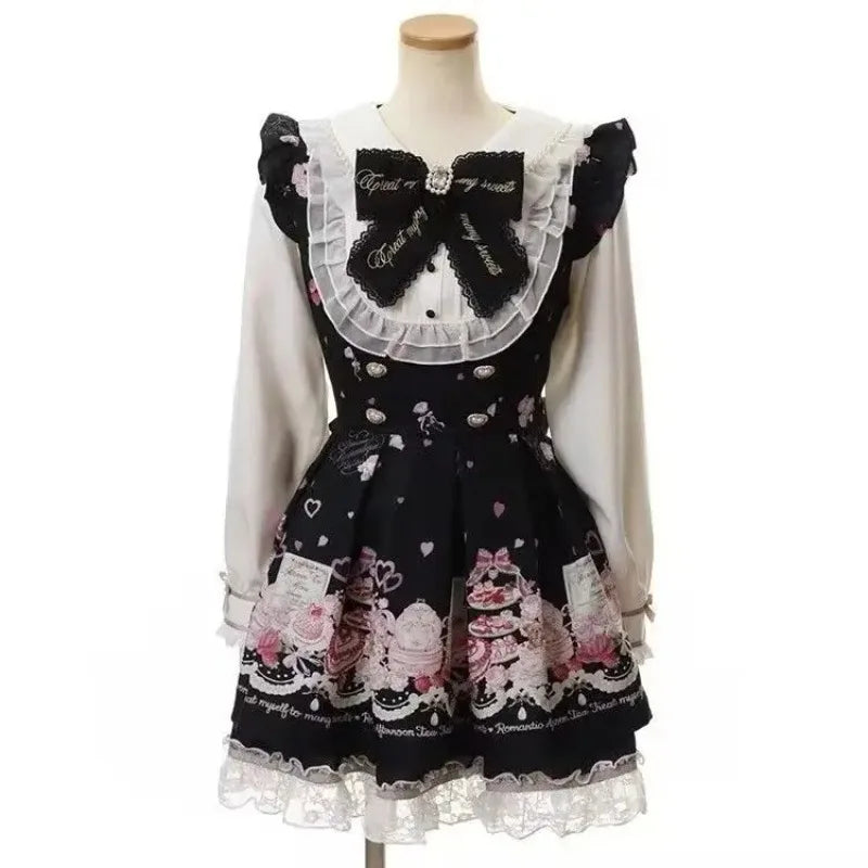 Y2k Aesthetic Lolita Style Bow Dress Shorts Set Japanese Women Gothic Lace Flare Sleeve Button Shirt Dress Punk Party Mini Dress - Matrix-studios.com