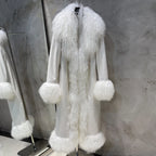 Suede Coat Fur Collar Women Autumn Genuine Sheepskin Coat Long with Mongfolian Fur Trim - Matrix Studios