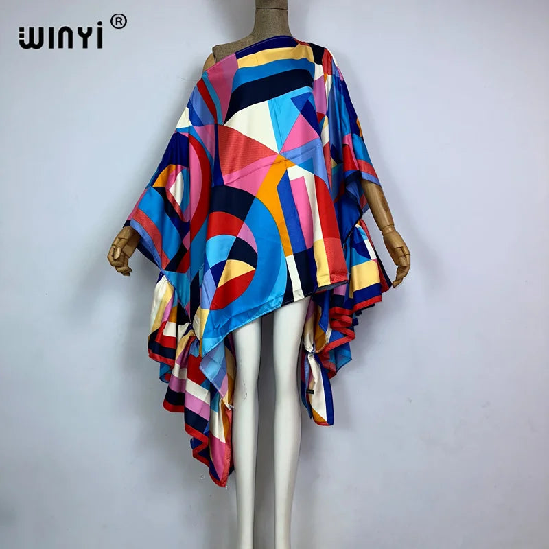 WINYI Women Summer Fashion Evening Party Beachwear Kuwait Bohemian Abaya Kaftan Puff Sleeve Sexy Elegant Beach Cover Up Dress - Matrix Studios