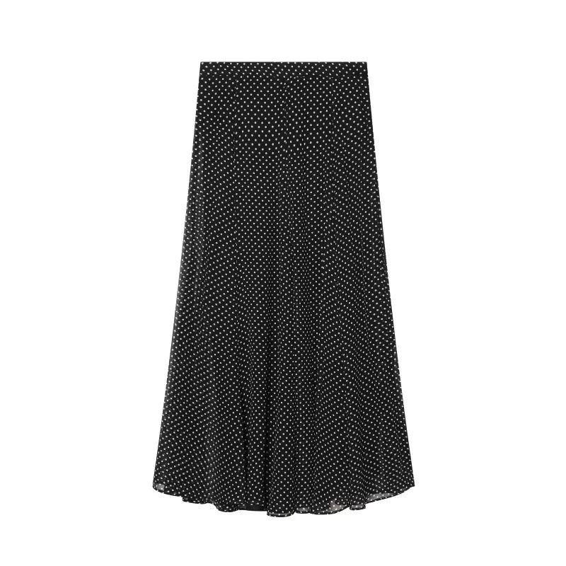 ETJ Women's Polka Dot Blouse Skirt Set 2026 Spring High Neck Batwing Sleeve Sheer Front Tie Bow Midi A-Line Dress Set - Matrix-studios.com