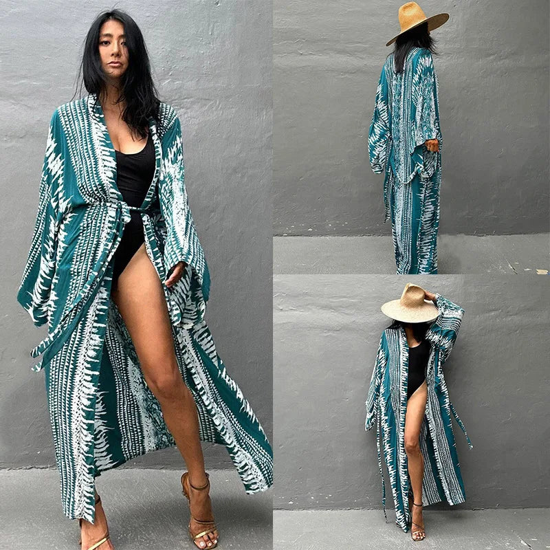 Beach Cover Ups Women Tie Dye Printed Kimono Cardigan Self Belted Wrap Dresses Summer Holiday Bathing Suits - Matrix Studios