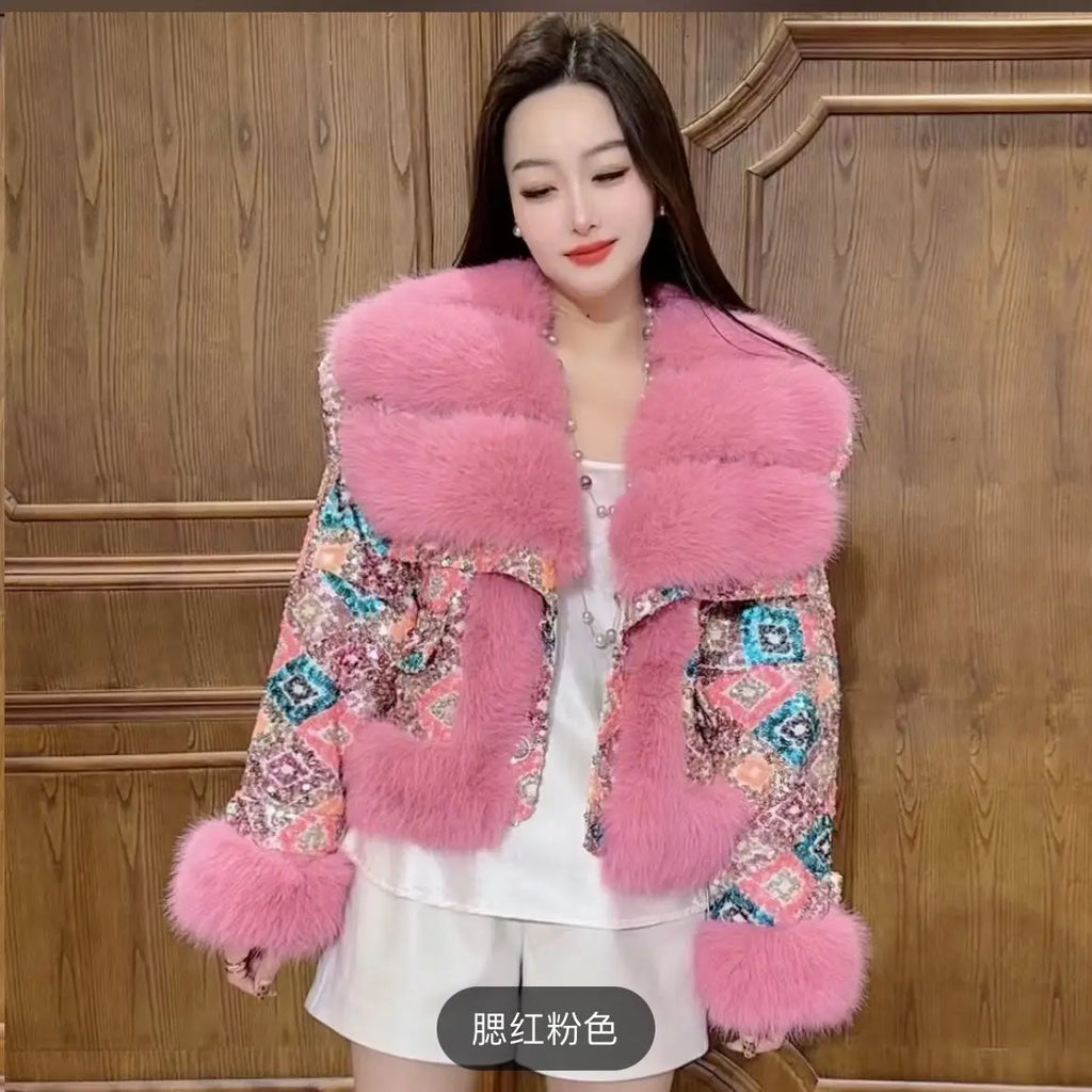 Outcoat The New Fur Cotton-padded Jacket Features Heavy Sequins Outerwear Sweet Faux Leather and A Stylish Thickened Fur Coat - Matrix Studios
