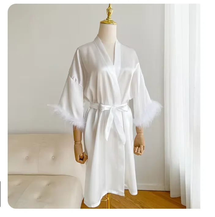 White Bride Wedding Robe with Feathers Women Satin Peignoir Sexy Bridesmids Kimono Gowns Short Bathrobe Bridal Intimate Lingerie - Matrix-studios.com