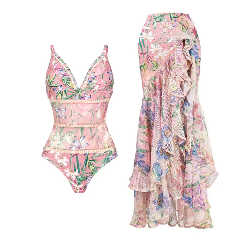 Women Swimwear Summer Floral Printed V-neck Swimsuit One-piece Bodysuit Bikini Set Beach Style Wear Maxi Dress Skirt Vacation - Matrix Studios