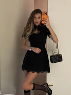 Ahagaga Sexy Women's Mini Dresses Patchwork Short Sleeves Lace Hollow Out Slim Fit Trend Baisc Turtleneck Streetwear Female Robe - Matrix-studios.com