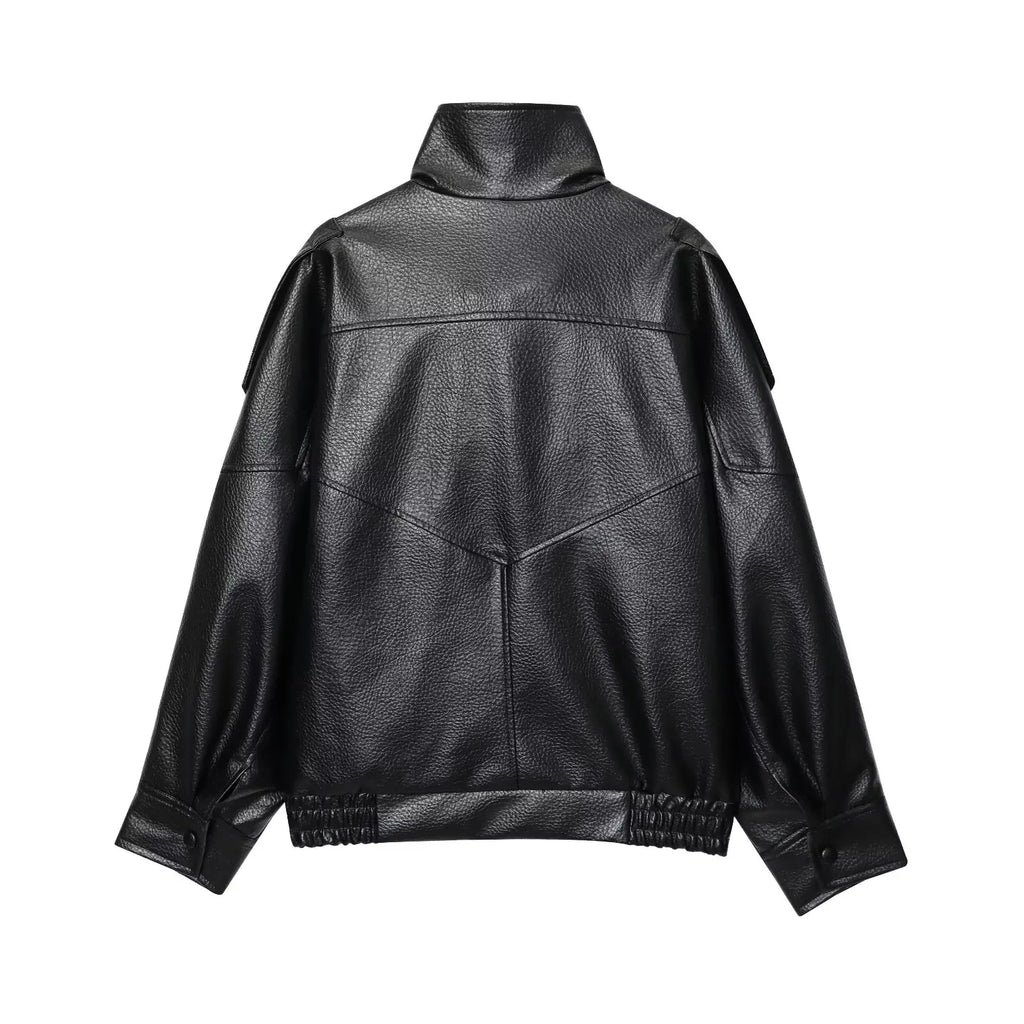 TFMLN 2025 Women Faux Leather Loose Jacket High Street Stand Collar Long Sleeve Coat Fashion Causal Zipper Outwear Autumn Winter - Matrix Studios