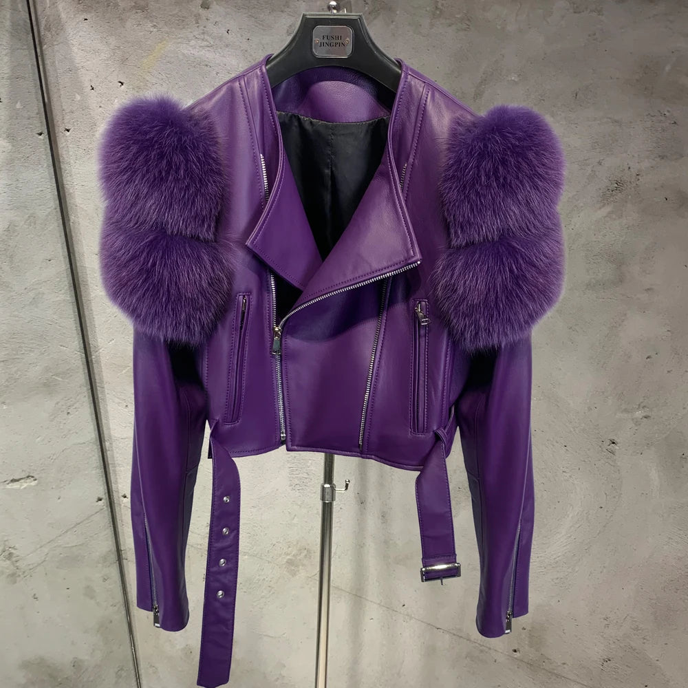 Leather Jacket Factory Ladies Short Leather Jacket Real Fox Fur Sleeve Coat Women Autumn 21001 - Matrix Studios