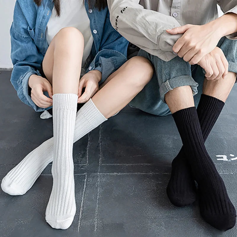 Solid Color Women Middle Tube Socks Candy Color Trend Men Socks Pure Cotton Comfort Retro Thick Lines Winter Socks - Matrix Studios