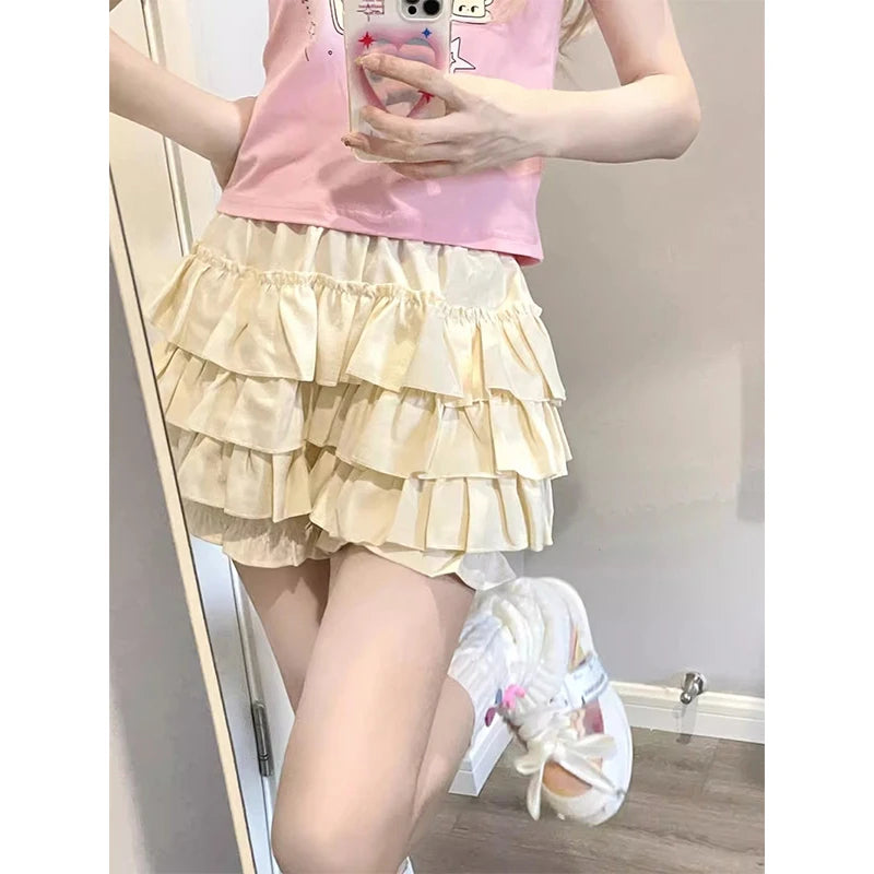 MEXZT Y2K Sweet Ruffles Mini Skirt Women Kawaii Lolita Bow A Line Skirts Harajuku Japanese High Waist Pink White Ball Gown Skirt - Matrix-studios.com
