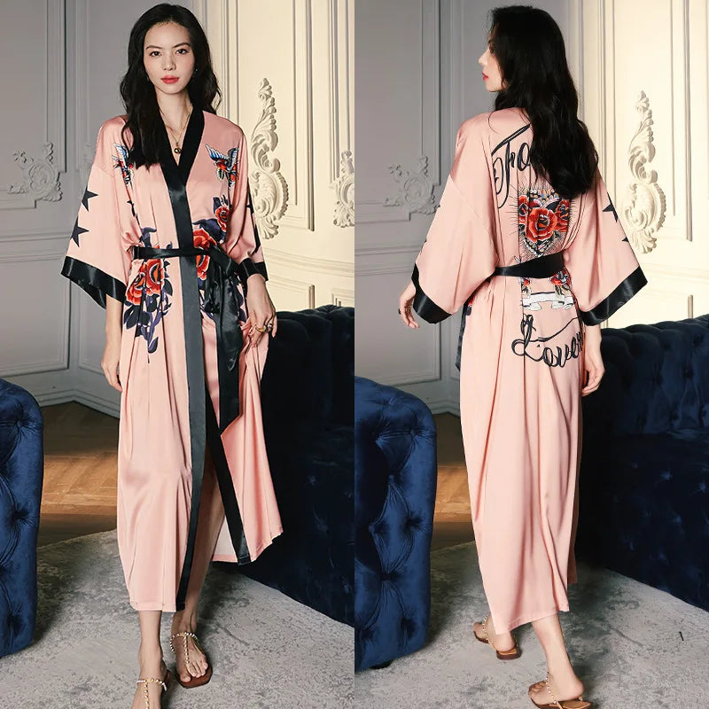 Print Flower Long Kimono Bathrobe Gown Sexy Women Half Sleeve Wedding Robe Nightgown Spring Summer Rayon Home Dress Sleepwear - Matrix-studios.com