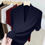 Threaded New Short Sleeved Top for Women Summer Fashion Versatile Base Shirt Plus Size Slim Fit V-neck T-shirt Casual and Sexy - Matrix-studios.com