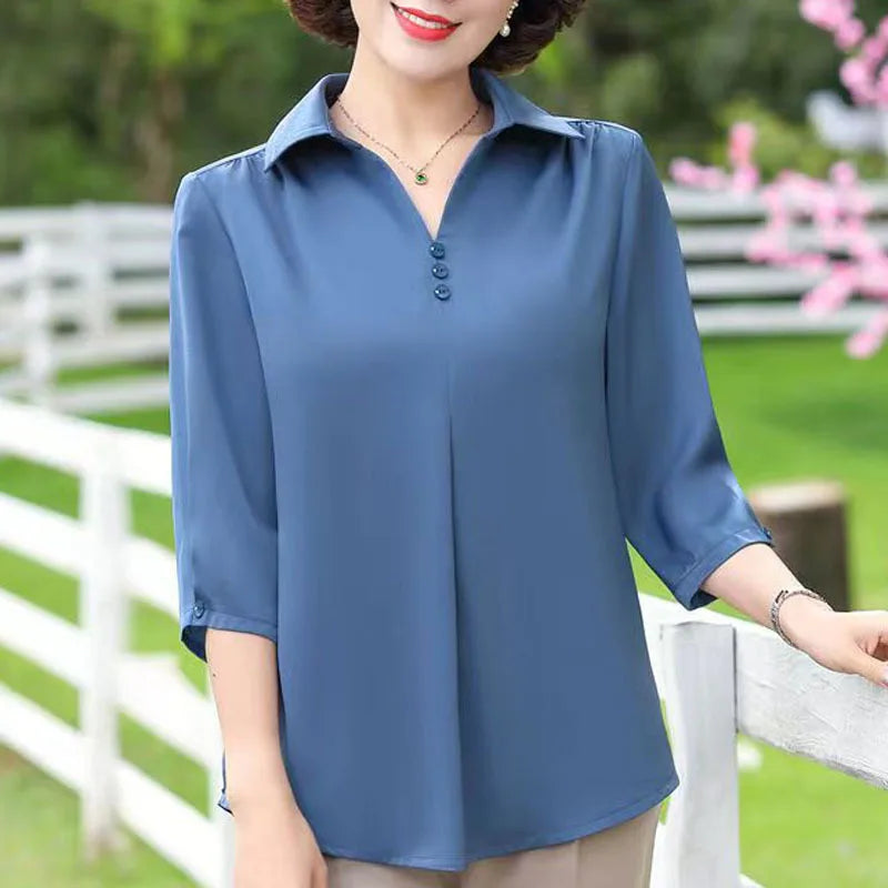 1pcs Woman Summer Solid Blouses Shirt Lady Thin Pullover Shirt Female Casual Half Sleeve Turn-down Collar Loose Top Mom Clothing - Matrix-studios.com