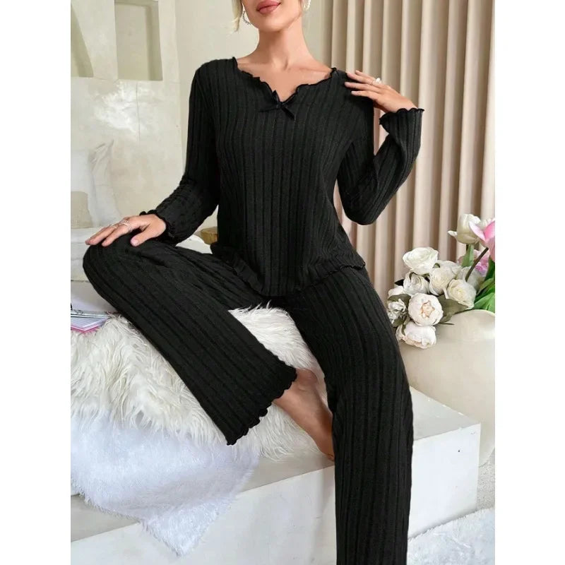 Women Autumn Winter Sleepwear Ribbed Pajamas Set Long Sleeve Top and Long Pants 2 Piece Set Casual Homewear Loungewear - Matrix-studios.com