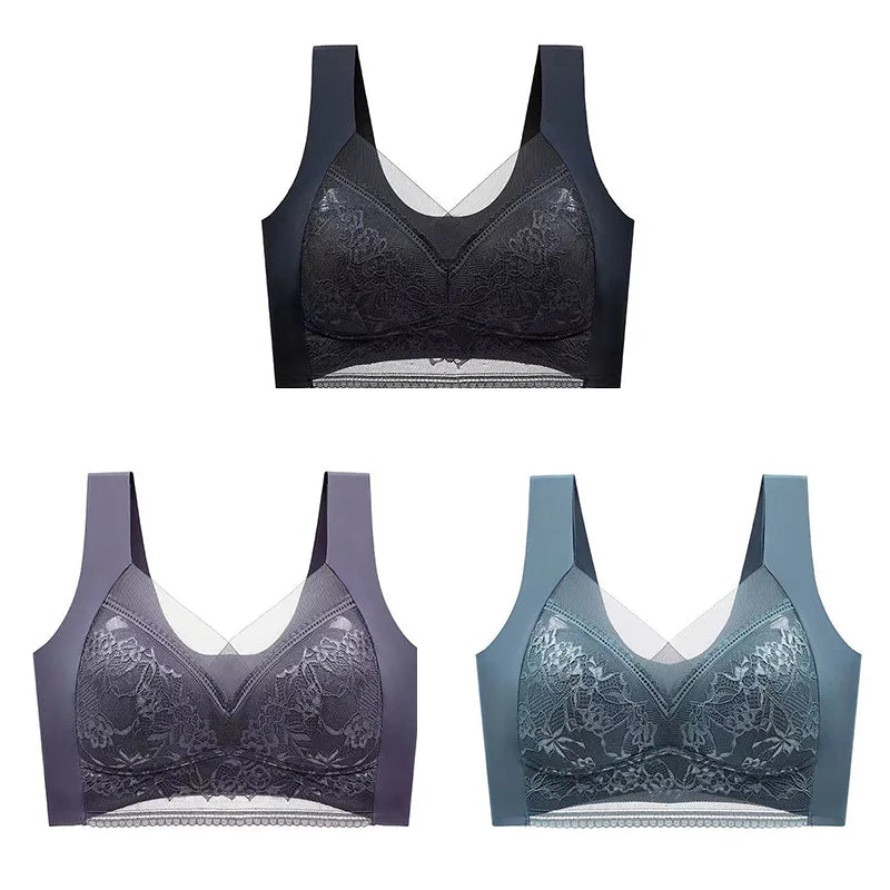 3Pcs Women Lace Bra Perspective Push Up Ice Silk Deep V Bralette Bra Sexy Lingerie Tops Plus Size Cup Mom's underwear L-5XL - Matrix Studios