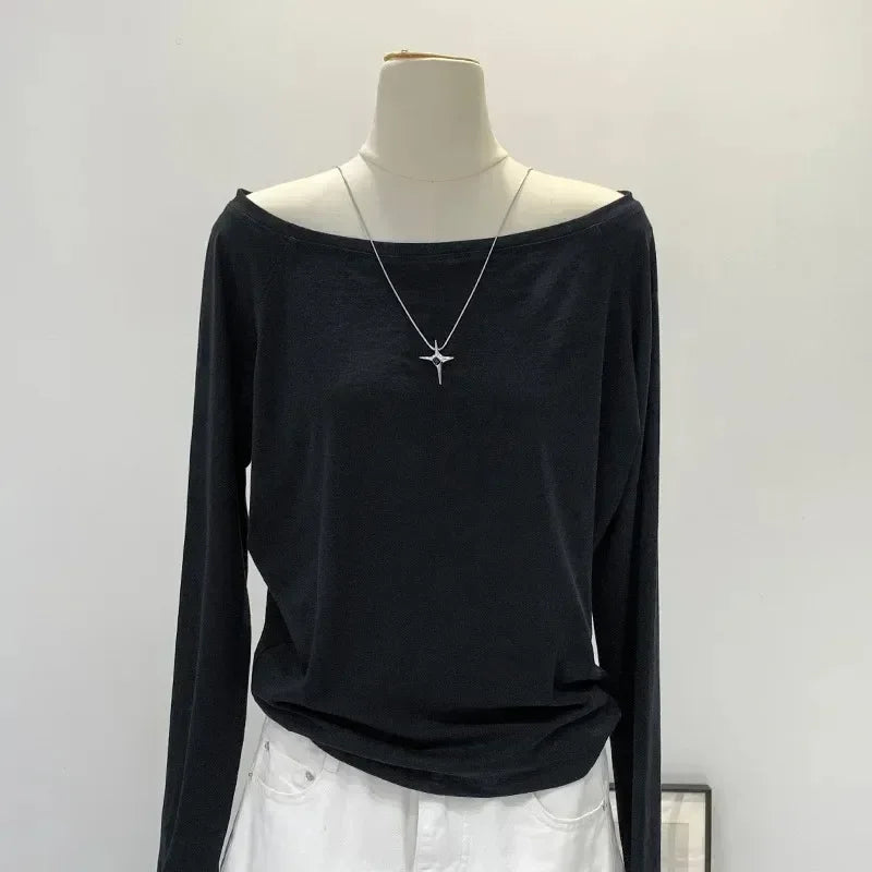 Autumn Winter One Shoulder Cotton Long Sleeve Slant Shoulder Women's Clothing Style Interior Wide Truffle Shoulder Base Shirt - Matrix-studios.com