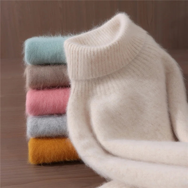 Autumn And Winter New 100% Mink Cashmere Sweater Ladies' High Lapel Solid Color Padded Pullover Wool Knitted Bottoming Shirt - Matrix Studios