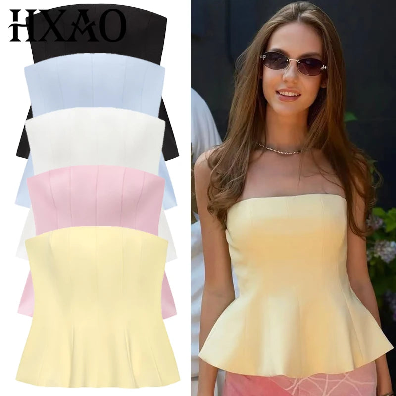 HXAO Corset Tube Top Women Summer 2025 White Pink Blue Yellow Black Top Bustier Ruffled Vests Cute Sleeveless Backless Tank Top - Matrix-studios.com