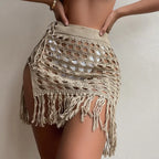 Women Knitted Sarongs Cover-Ups Solid Color Hollow-Out See-Through Tassel Mini Beach Skirts Summer Drawstring Slit Swimsuit - Matrix Studios