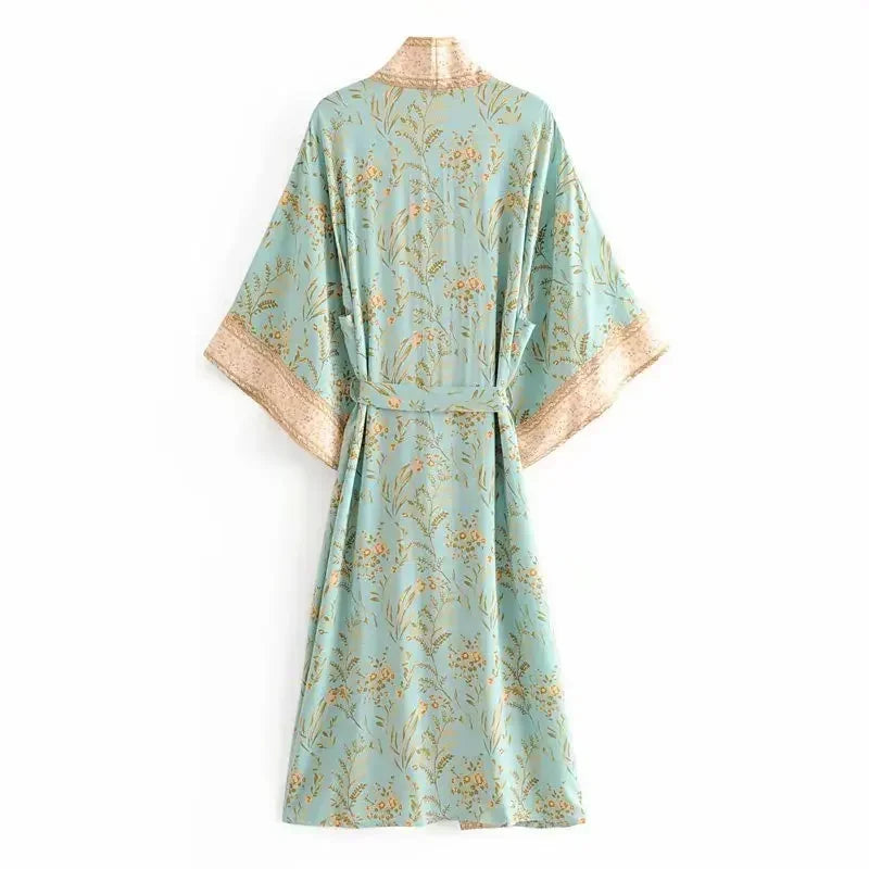 Boho Queens Fashion Women Green Floral Print Bat Sleeve Rayon Beach Bohemian Kimono Ladies V Neck Boho Robe Bikini Cover-ups - Matrix Studios