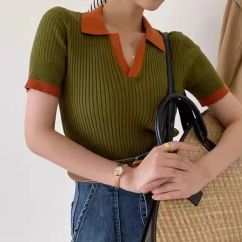 REALEFT Summer Patchwork French Style Polo Women's T-shirts 2025 New Short Sleeve Knitted Slim Shirts Knitwear Tops Female - Matrix-studios.com