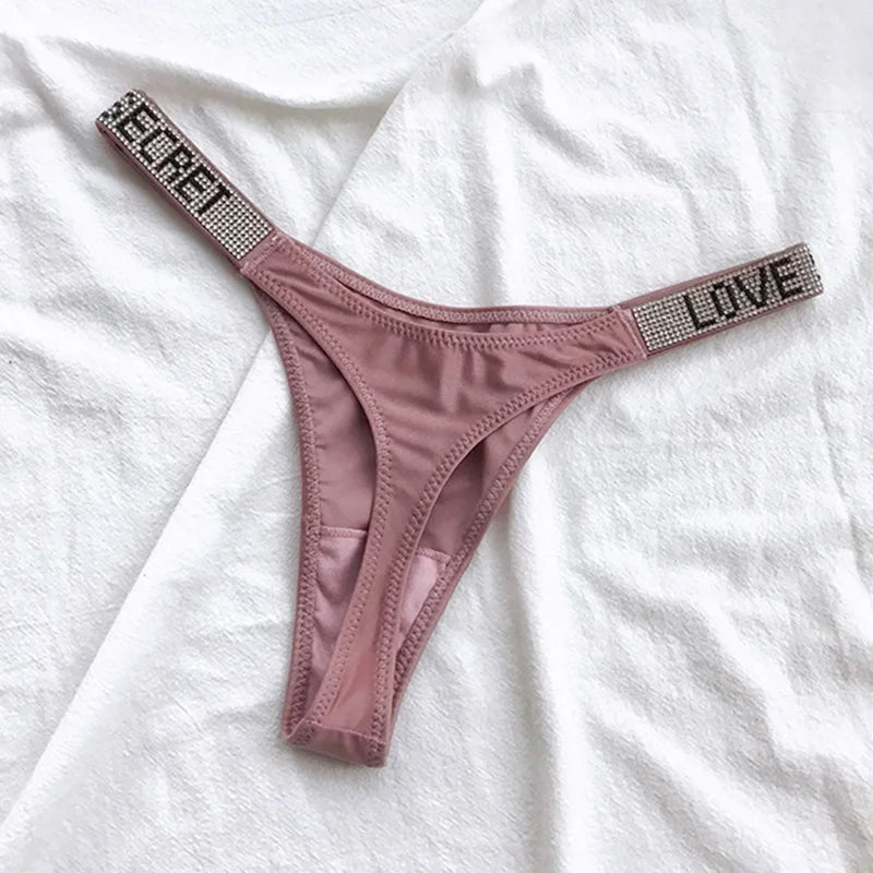 Low Waist Sexy Women Thongs Panties Rhinestones letter Diamonds G String Sports Thong Shorts Briefs T-back Fitness Size S-XL - Matrix Studios