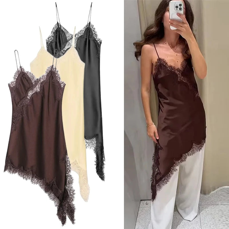 Satin Sexy Lace Spliced Short Sling Dress Women Sleeveless Backless Asymmetric Sexy Party Dresses 2026 Summer Lady Dress ﻿ - Matrix-studios.com