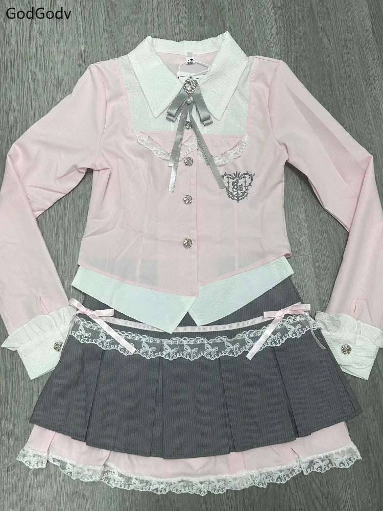 Spring Y2K Princess Outfits Women 2 Piece Sets Sweet Kawaii Bow Tops + Lace Pleated Skirt Female Retro Chic Preppy Style Clothes - Matrix-studios.com
