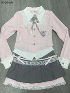 Spring Y2K Princess Outfits Women 2 Piece Sets Sweet Kawaii Bow Tops + Lace Pleated Skirt Female Retro Chic Preppy Style Clothes - Matrix-studios.com