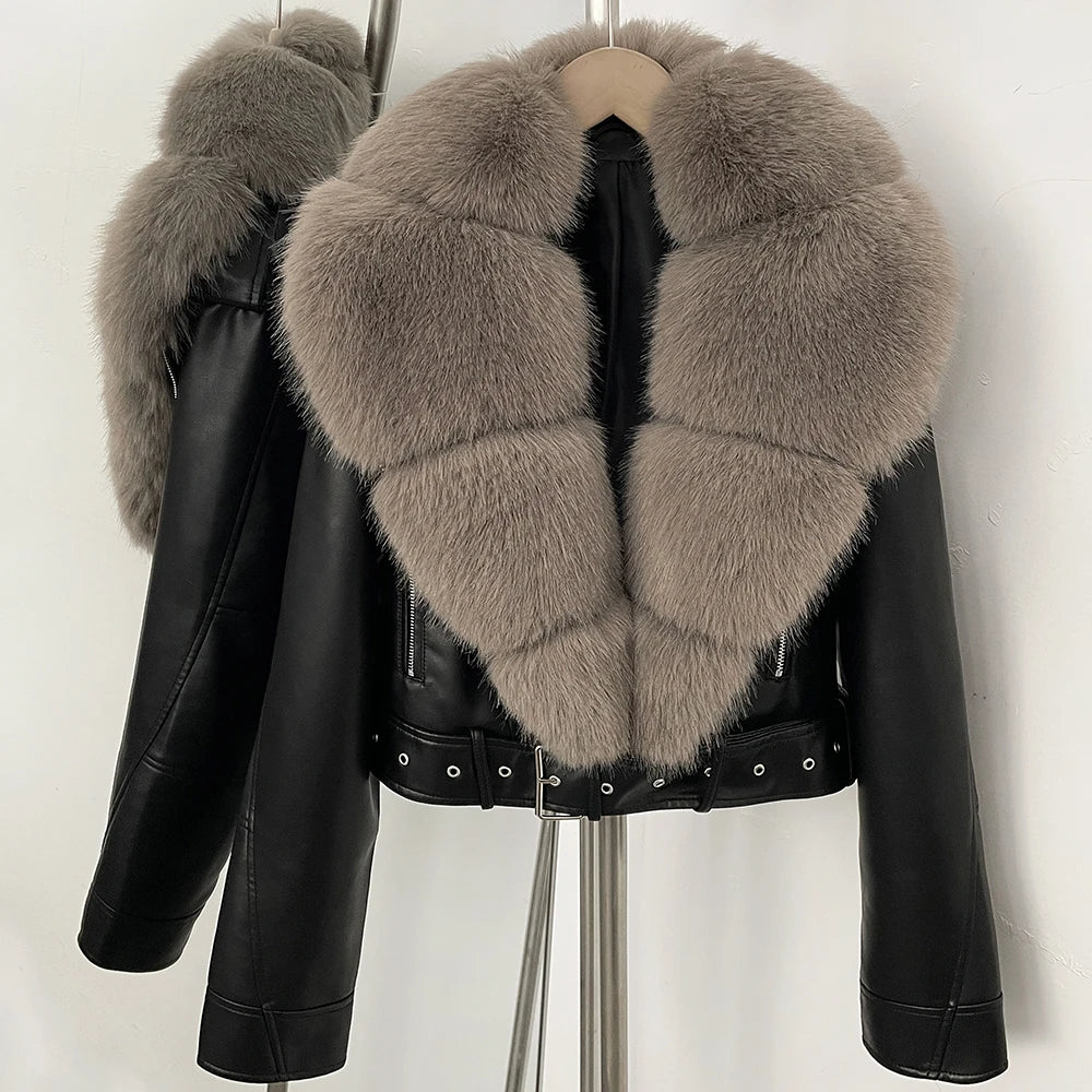 Faux Fur Coat  Female Autumn Faux Leather Jacket Short Clothing Long Sleeve Spring New PU Fur Jacket Artificial Women Pockets - Matrix Studios