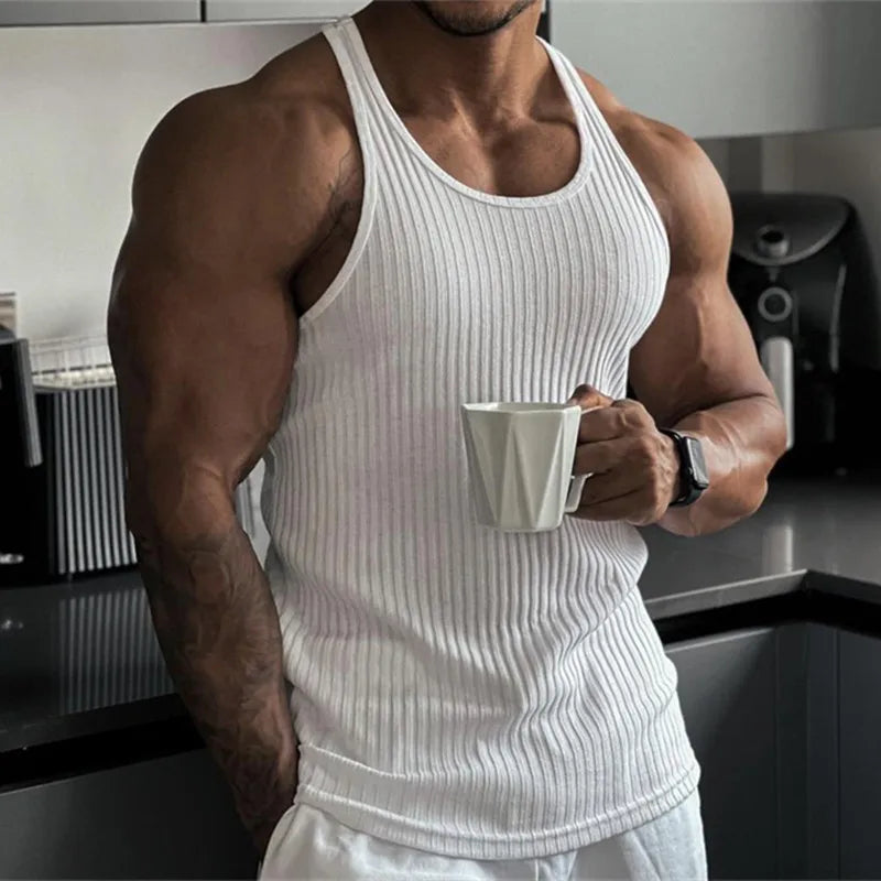 Men's Summer O-neck loose stripe gym Tank top Men Fitness sleeveless pullover Sports Undershirt Elasticity casual vest men tops - Matrix Studios