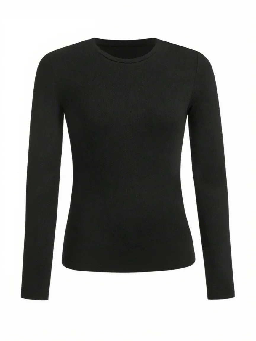 Women's solid-color long-sleeved T-shirt - Polyester knitted fabric, round neck, regular fit, fall-winter style - Matrix-studios.com