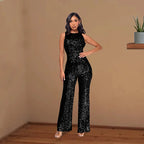 Bling Bling Sequined Club Jumpsuit Sexy Women O-neck Elegant Shiny Sliver Gold Sequins Straight Romper Overalls - Matrix Studios