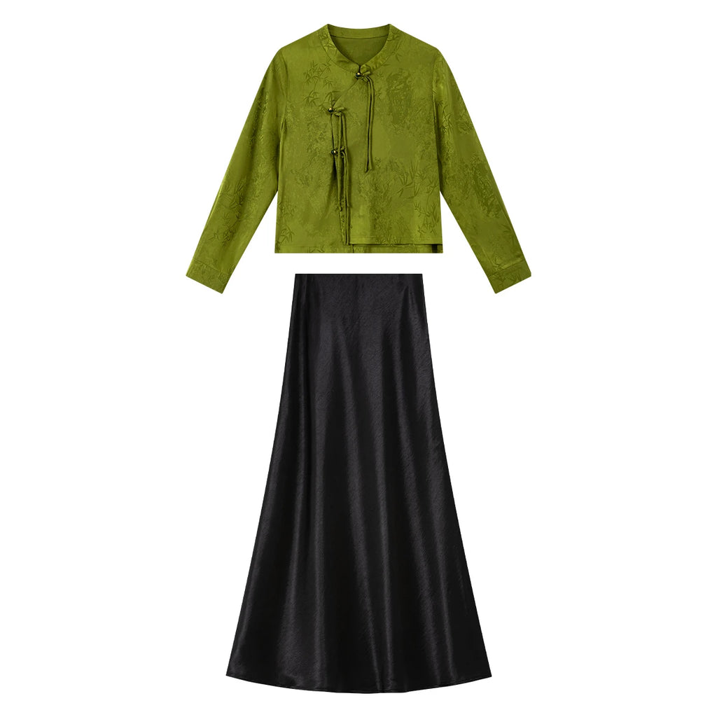 VIMLY New Chinese Style Women's Two-piece Set Autumn 2026 Long Sleeve Top Satin Midi Skirt Elegant Fashion Matching Outfit 31785 - Matrix-studios.com